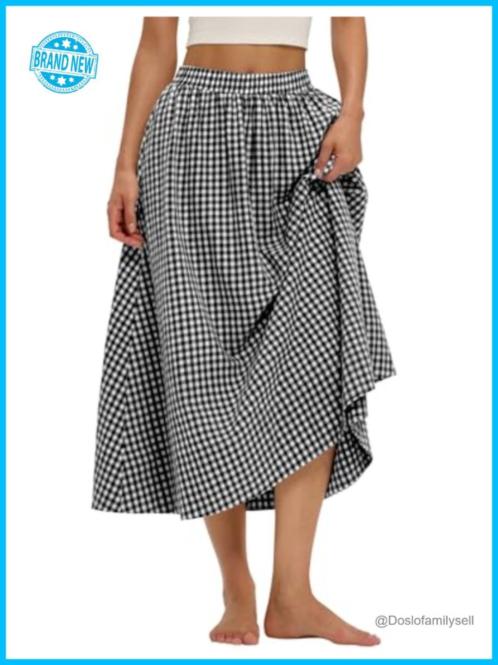 LOMON Cotton Midi Skirt A-Line Elastic Waist Pockets Summer Casual
